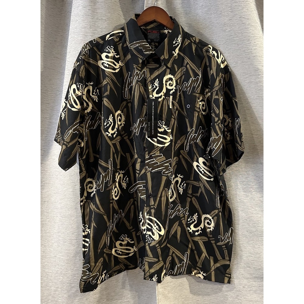 Vintage FUBU Shirt Mens XL Black, Dragon, Logo Y2K Button Up NOS